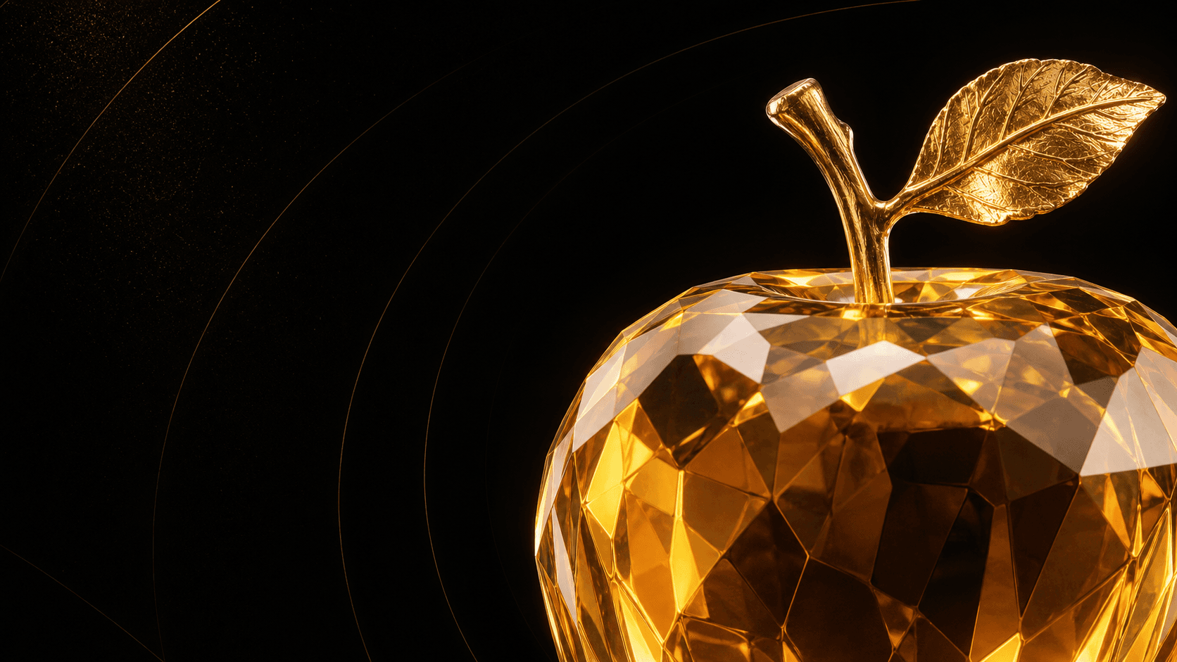 Transparenter goldener Zeqiraj Apfel auf schwarzer Premium-Bühne